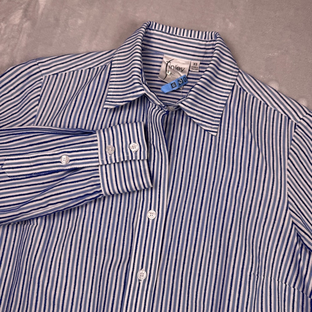 Finley Womens Blue White Striped Cotton Button Down Shirt Dress XS Made in USA